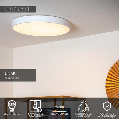 Lucide UNAR - Plafonnier - Ø 49,5 cm - LED 3 StepDim - 1x36W 2700K - Blanc